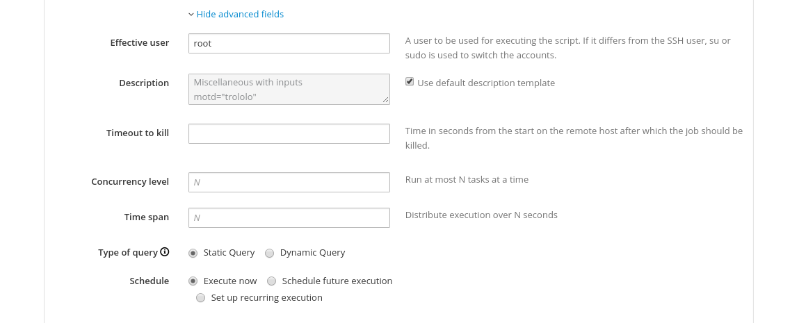 Advanced part of Job Invocation form