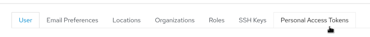 Foreman user profile menu, Personal Access Tokens tab is selected