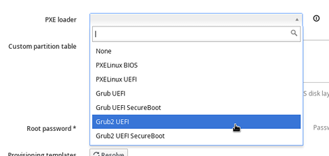 Host creation showing selection of PXE loader on OS tab